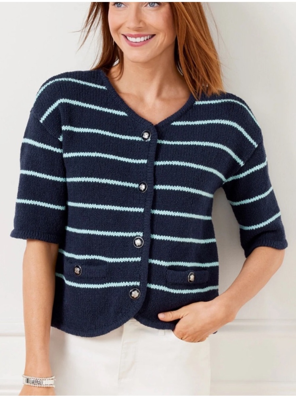 🆕 NWT Talbots Sz L Dark Blue Stripe Elbow Sleeve Sweater Jacket Coastal